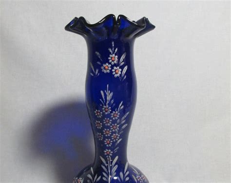 Cobalt Blue Vase Antique Bohemian Hand Blown Enameled Hand Painted