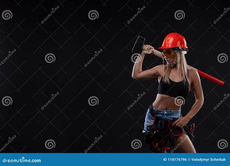 Sex Equality And Feminism Girl In Safety Helmet Holding Hammer Tool