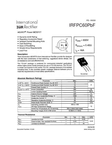 Irfpc Pbf Mosfet Datasheet Distributor Stock And Price