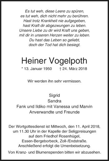 Traueranzeigen Von Heiner Vogelpoth Trauer In Nrw De