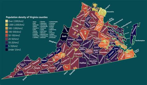 Population density of Virginia counties and towns (2018) | Virginia ...