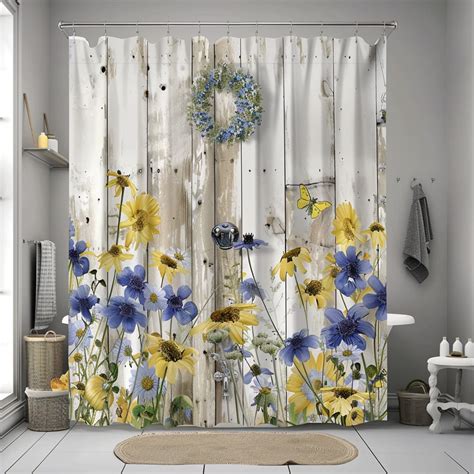 Rustic Farmhouse Bathroom Set With Yellow And Blue Wildflowers Wooden