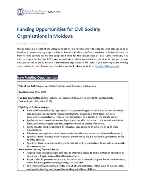 Document Ukraine Situation Moldova Funding Opportunities For Local