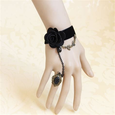 Gothic Black Wristband Rose Embellished Bracelet With Ring J18062