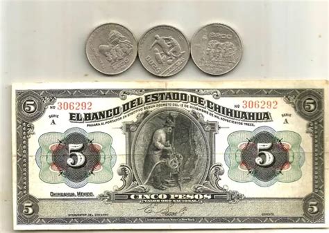 Monedas Mexicanas Y Billete Antiguo De Revolucion 1915 Uno