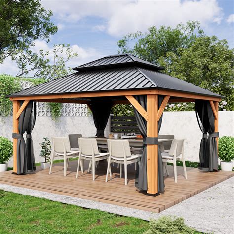 Egeiros Life Wood Patio Gazebo With Double Roof Hardtop And Curtains