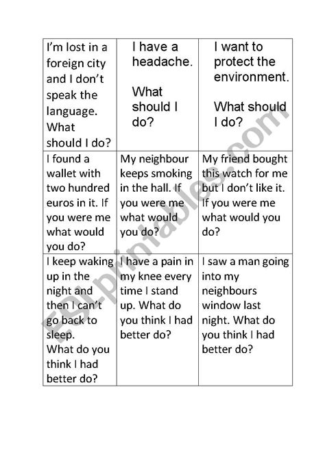 Giving Advice Speaking Cards Esl Worksheet By Mazzles