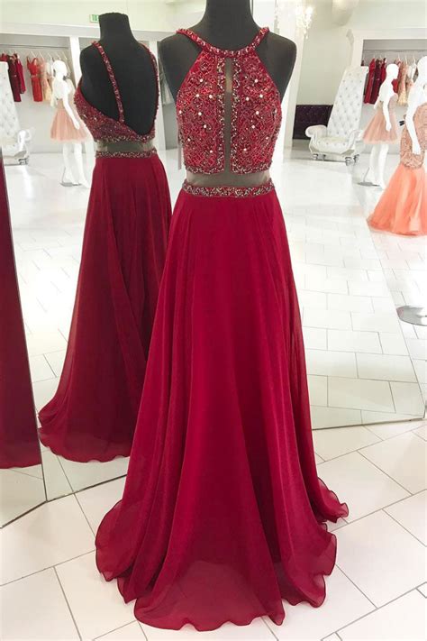 Burgundy Chiffon Beads Sequin Long Prom Dress Burgundy Evening Dress