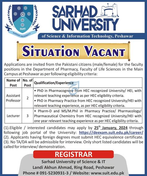 Sarhad University Peshawar Khyber Pakhtunkhwa Jobs