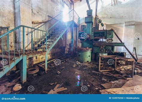 Old Industrial Machine Tools In Workshop Rusty Metal Equipment In