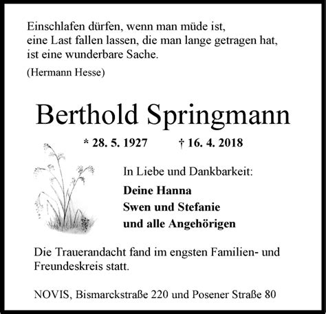 Traueranzeigen Von Berthold Springmann Nordwest Trauer De