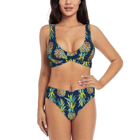 Rocae Colorful Pineapples For Bikini Set For Women Two Piece Sexy High Swimsuits Split Crossover