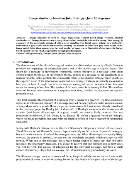 (PDF) Image Similarity based on Joint Entropy (Joint Histogram)