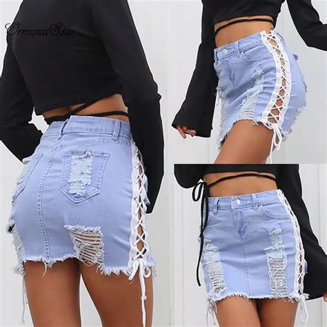 Ormondstar Washed Denim Side Lace Up Women Skirt Hollow Out