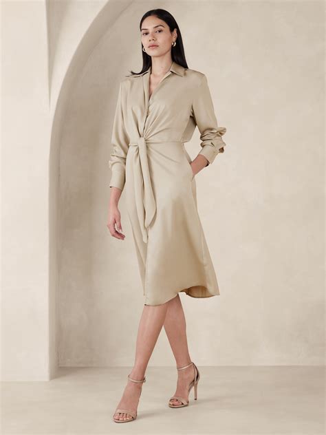 Satin Tie Front Midi Shirtdress Banana Republic Factory