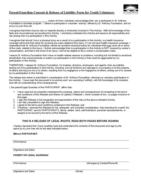 Parent Guardian Consent Release Of Liability Form For Youth