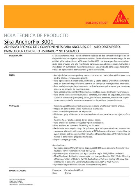 Pdf Hoja Tecnica De Producto Sika Anchorfix Para Anclajes En