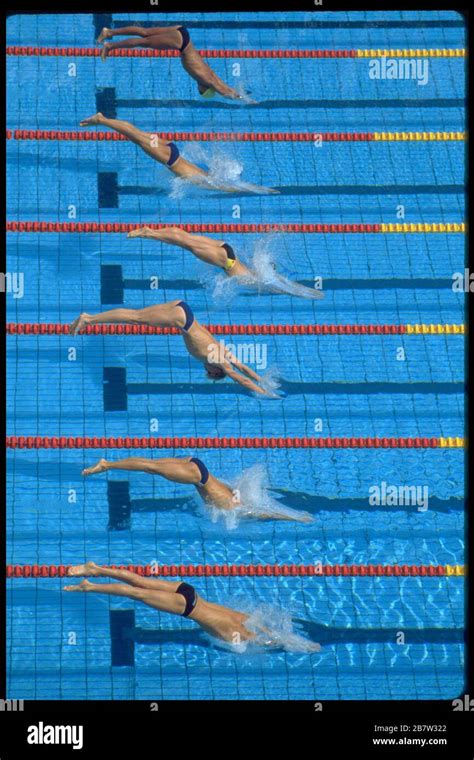 Barcelona Spain 1992 Swimmers Diving Into Pool At Start Of Mens