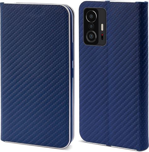 Moozy Coque a Rabat pour Xiaomi 11T et 11T Pro Carbone Bleu Foncé