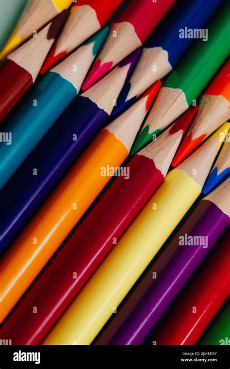 Colored Sharpened Pencils Lie In A Row Close Up Solid Abstract