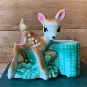 Vintage Ceramic Deer Planter Hand Painted Pottery Wide Fawn Bambi