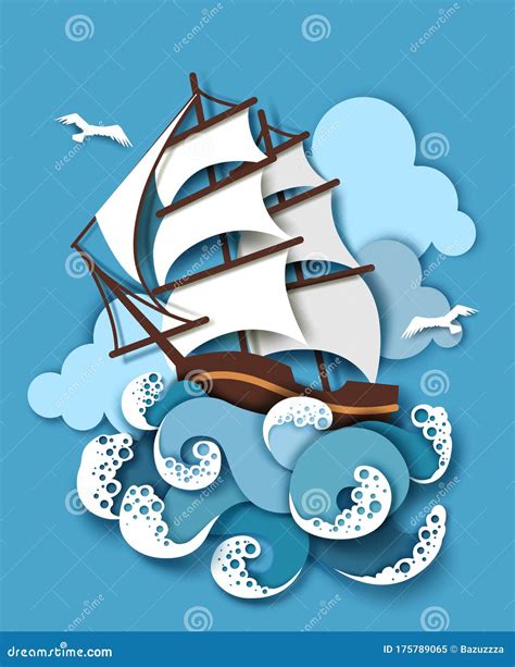 Sailboat And Raging Sea Vector Illustration In Paper Art Style Stock