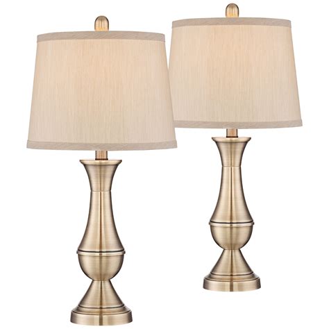 Regency Hill Traditional Table Lamps Set Of 2 Antique Brass Metal Beige Drum Shade For Living