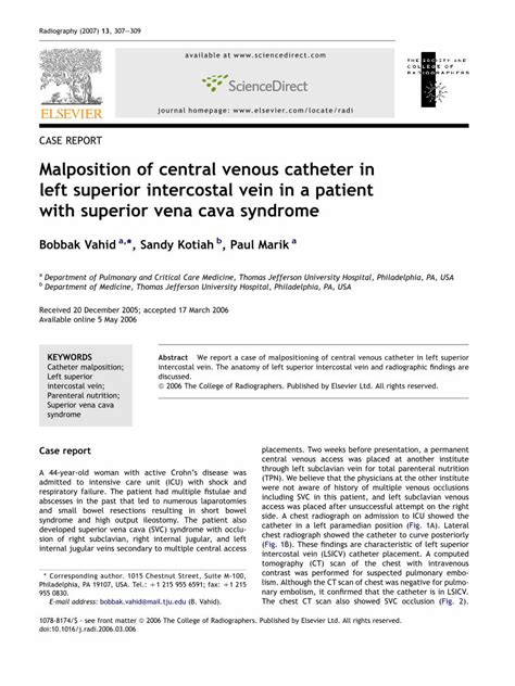 PDF Malposition Of Central Venous Catheter In Left Superior