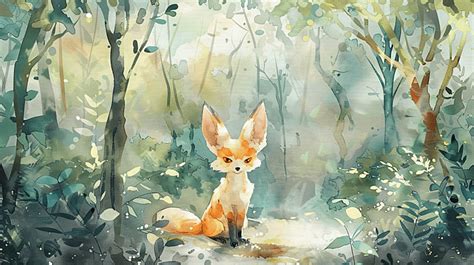 Ai Generated Cute Fennec Fox In The Middle Of The Forest Watercolor