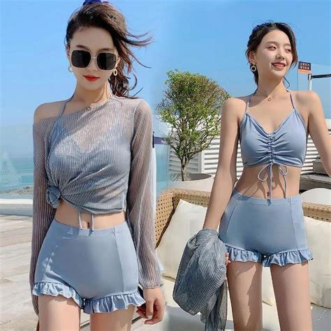 New Korean Women Swimwear Sexy Drawstring Strappy Bikini Swimwear Two Piece Swimsuit Solid