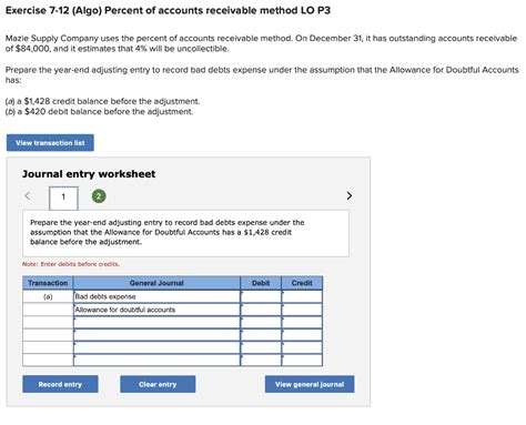 Solved Exercise 7 12 Algo Percent Of Accounts Receivable Chegg