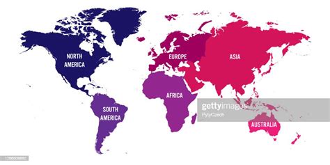 World Map Divided Into Six Continents Each Continent In Different Color Simple Flat Vector