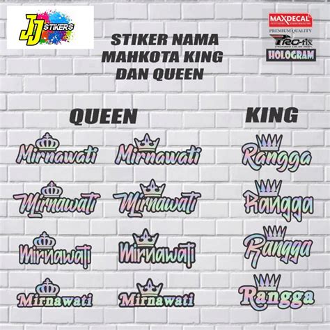 Jual Stiker Cutting Sticker Nama Mahkota Hologram Queen Dan King