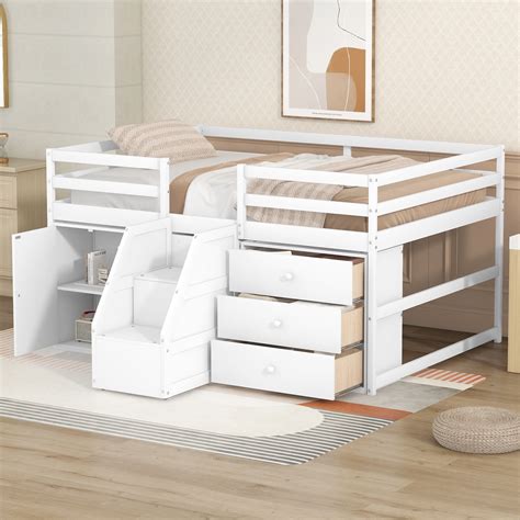 Churanty Low Loft Bed with Storage Cabinets and Drawers, Full Size ...