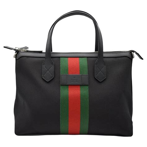 NEW Gucci Black Web Stripe Top Handle Canvas Tote Shoulder Bag For Sale