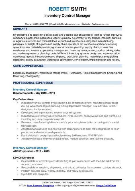 Inventory Control Manager Resume Samples QwikResume