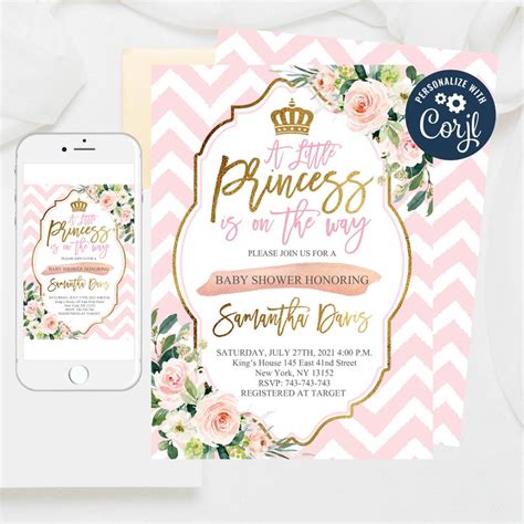 Editable Pink And Gold Princess Baby Shower Invitation Etsy