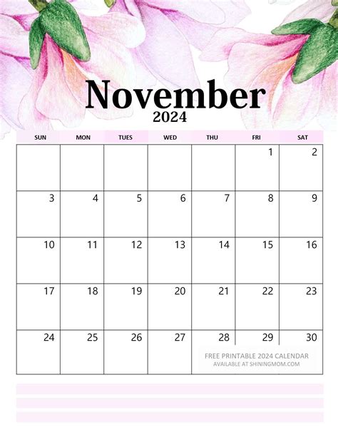November 2024 Calendar Floral Print Kori Shalna