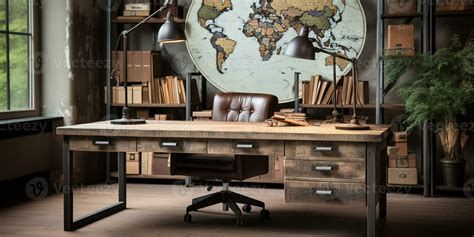 Industrial-style home office with a reclaimed wood desk Design and a ...