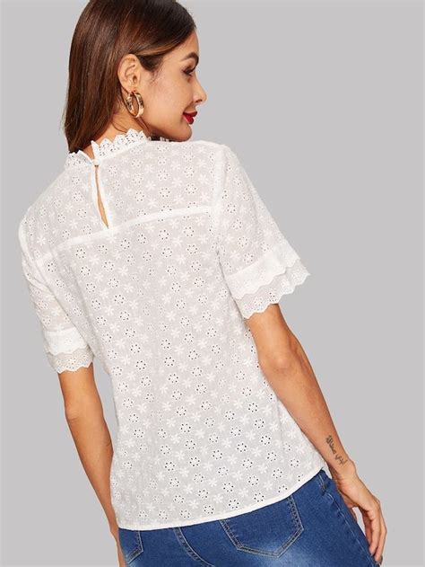 Shein Schiffy Eyelet Scallop Mock Neck Top Cotton Blouse Top Lace