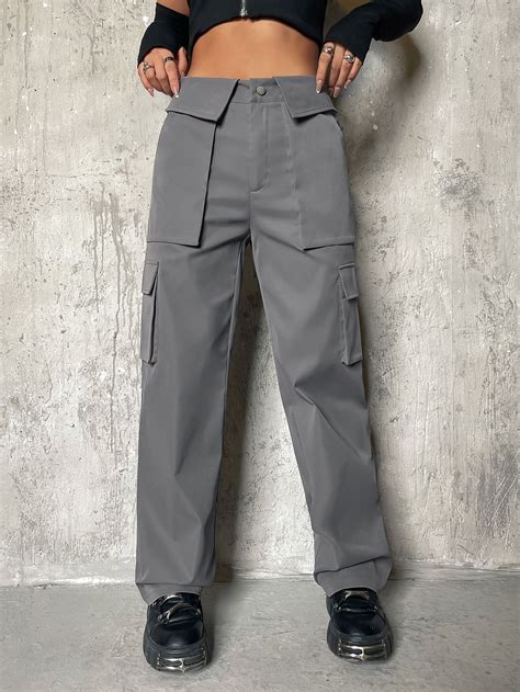 Grey Casual Collar Fabric Plain Cargo Pants Embellished Non Stretch All