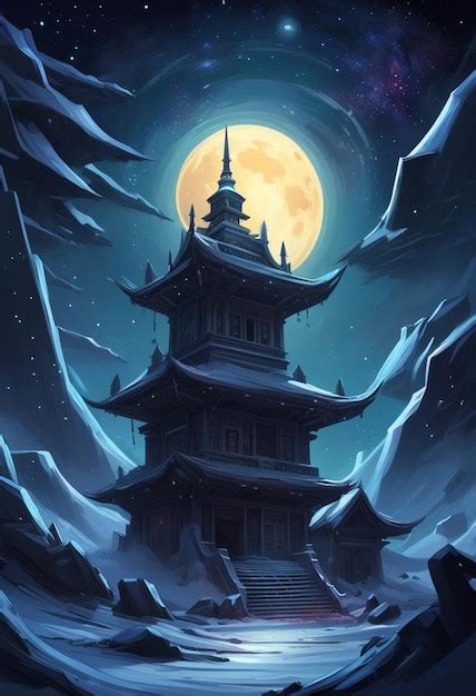 Premium AI Image | A japanese temple in the night sky with the moon in ...