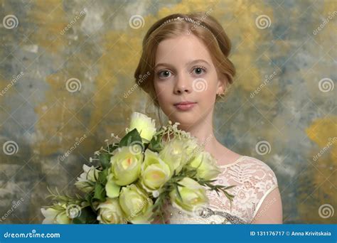 Blonde Girl With A Bouquet Of Roses Stock Image Image Of Cute Celebration 131176717
