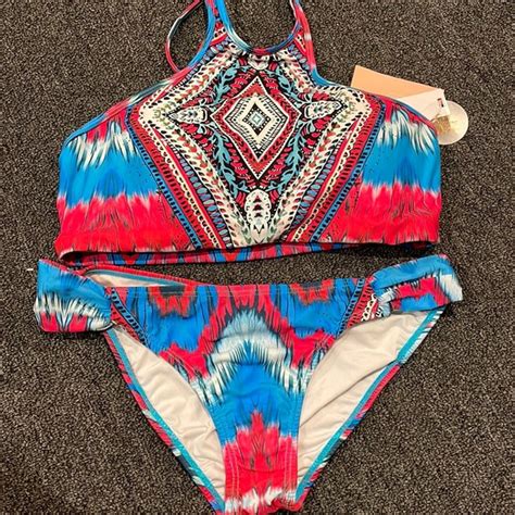 Pilyq Swim Pilyq Blue Pink Feather Print Bikini D Top L Bottoms