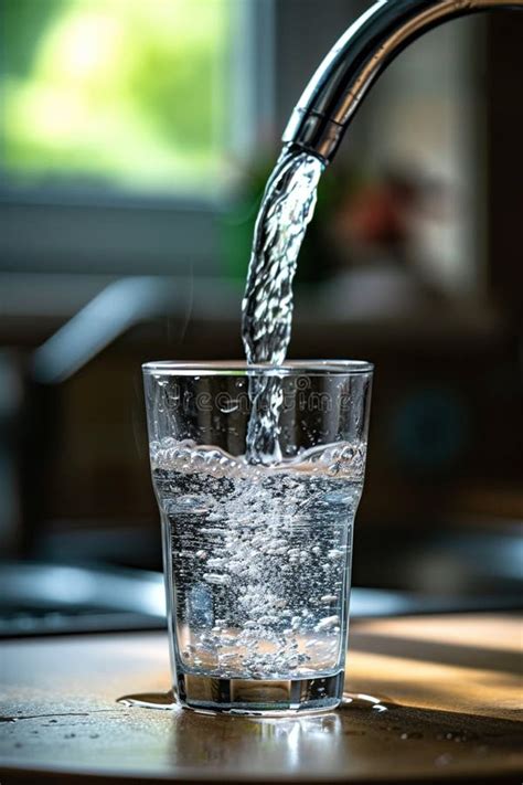 Clean Water From The Tap Flows Into The Glass Stock Image Image Of