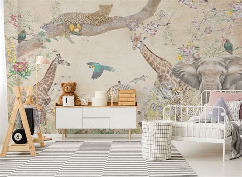 Safari Animals for Kids Wall Mural, Tropical Bohemian Wallpaper, Exotic Florals Peel and Stick ...