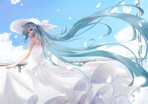 aqua hair dress feathers hat hatsune miku long hair ningjuice summer