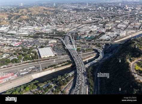 Aerial view of the Golden State 5 freeway and the Los Angeles River in ...