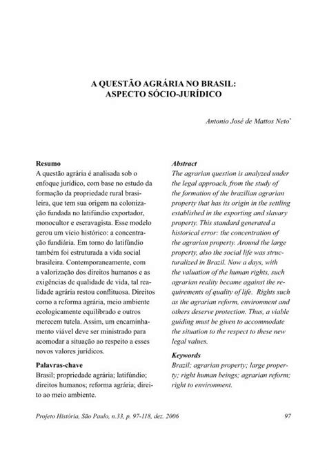 Pdf A Quest O Agr Ria No Brasil Aspecto S Cio Jur Dico Projeto