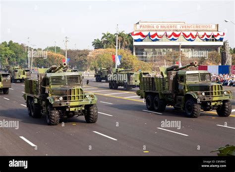 Trucks and guns at military parade in Havana, Cuba for the 50th ...